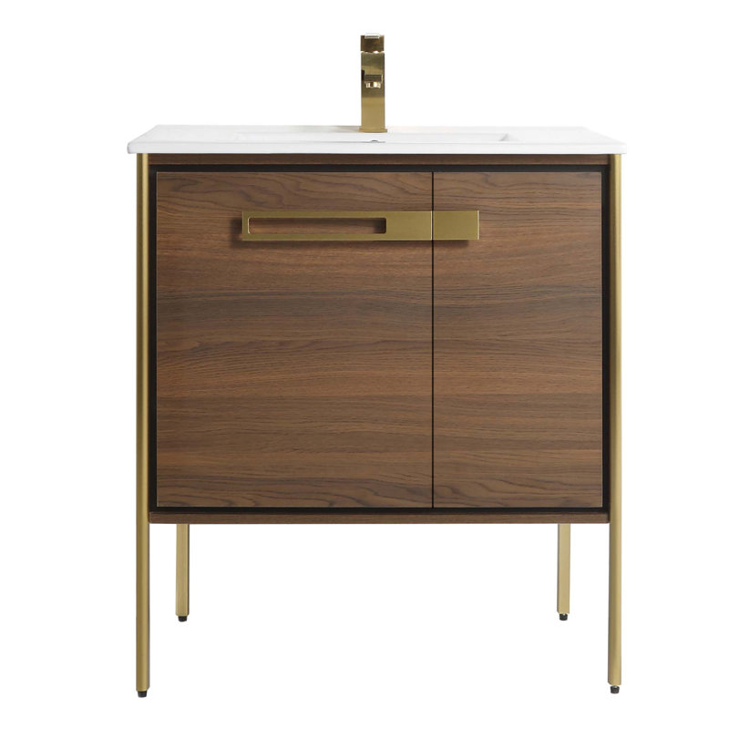 30" Single Bathroom Vanity, Satin Brass, Walnut Ebony