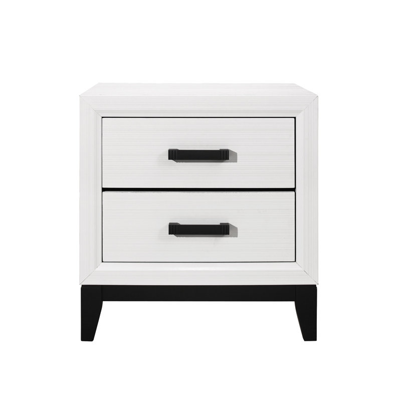 Table de chevet blanche version 2 - style Mirage, glissière centrale, quincaillerie noire, conception en bois d'hévéa