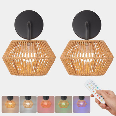 [2-Pack] Battery Operated Wall Sconce with Rattan Shade, Cordless RGB Wall Lights with Remote Control, Type-C Rechargeable Bulb, Dimmable Boho Sconce for Bedroom Living Room, No Hardwired, Black