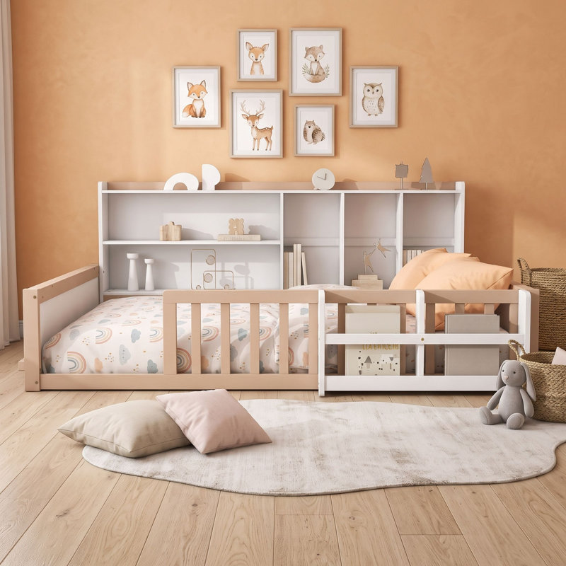 Lit sur pied avec bibliothèque, garde-corps et compartiments latéraux Montessori, Cream White, Full