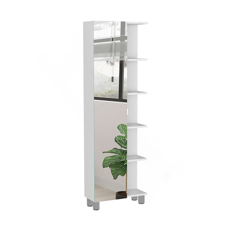 Armoire à linge miroir Urano, quatre tablettes intérieures, cinq tablettes extérieures - blanc
