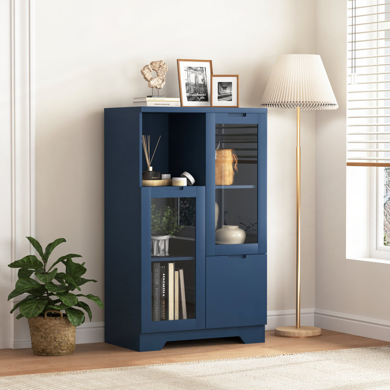 MDF painted Cabinet with Glass Doors and drawer, open storage space, Navy Blue ,Bedroom, Living room, Blue