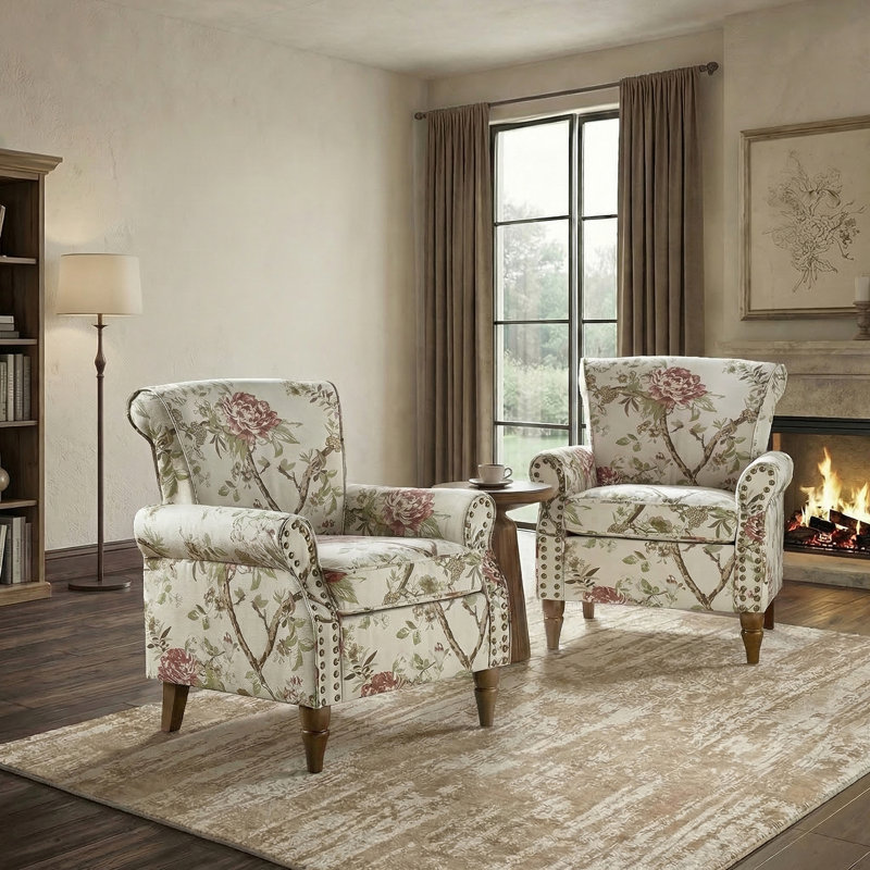 Fauteuil rembourré avec garniture cloutée l 30 po Asul, Velours à motif floral