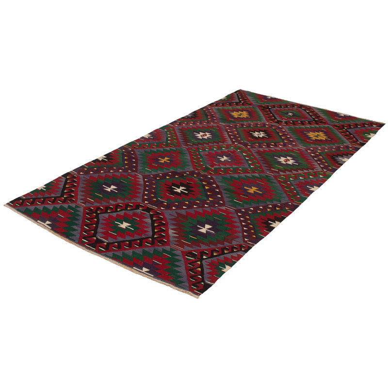 Tapis rouge / vert / mauve en laine fabriqué à la main de conception unique 5 pi 10 po x 11 pi 11 po Saroyan