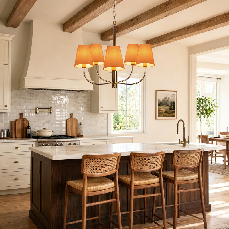 5-Light Gold Chandelier Orange Linen Drum Shade Farmhouse Dining Room Adjustable 85 Inch