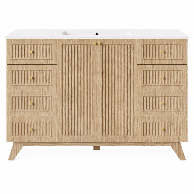 Meuble-lavabo simple cannelé moderne de 47,56 po avec lavabo à comptoir en SMC, armoire de rangement en MDF à 8 tiroirs (naturel)