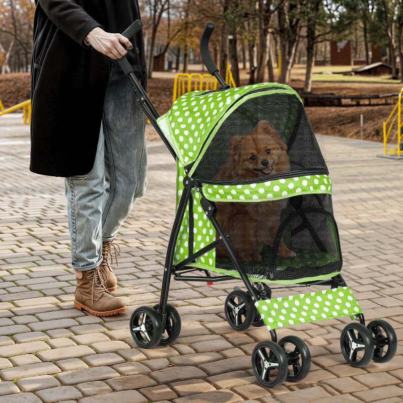 Lawn Green Polka Dot Foldable Pet Stroller with Mesh Windows