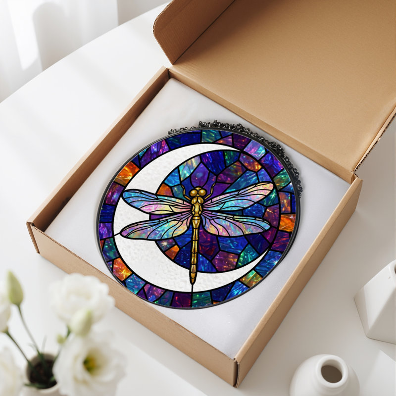 12"H Dragonfly Stained Stained Glass Window Panel, 12" H x 12" W