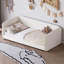 Lit simple au sol avec tête de lit et accoudoirs rembourrés, structure de lit en velours au design doux et sécuritaire, lit plateforme à profil bas avec côtés de protection, beige-129372134