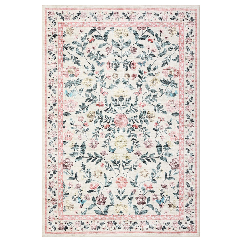 Floral Machine Washable Rug for Living Room, Non-Slip Vintage Floor Mats, Stain-Resistant Soft Faux Wool Farmhouse Indoor Carpet for Bedroom, Nursery, Dining Room