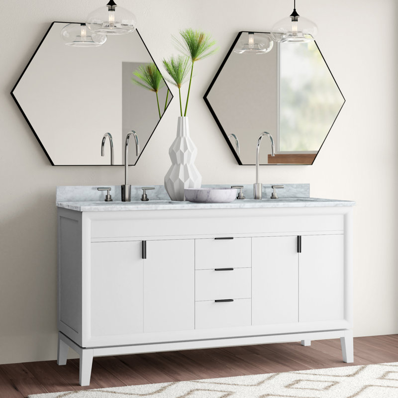 Ensemble de meuble-lavabo double 61 po Emma, Marbre blanc de Carrare, Blanc