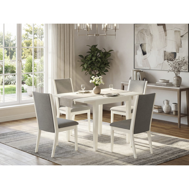 5 Piece Dinette Set for 4 Includes a Rectangle Dining Room Table with Dropleaf and 4 Shitake Linen Fabric Parsons Dining Chairs, Linen White