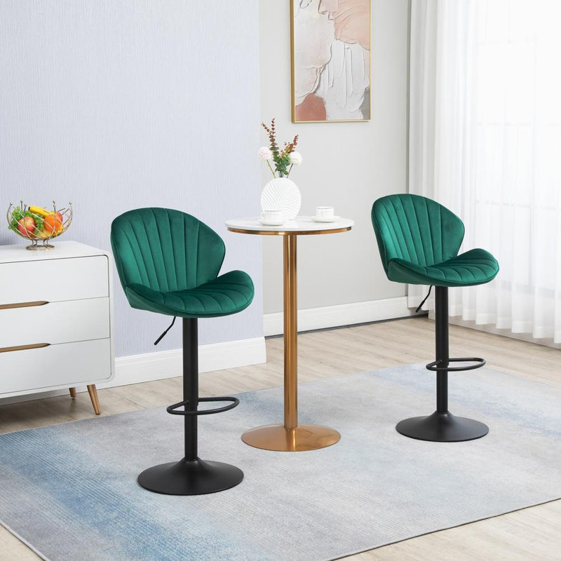 Upholstered Adjustable Bar Stools With Backrest Footrest And Swivel Mechanism Set Of 2, Green