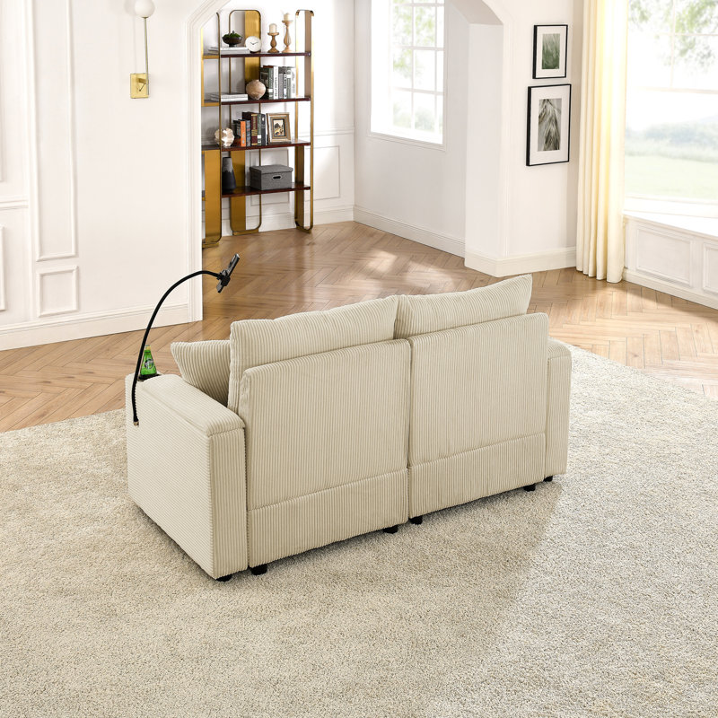 Velours côtelé beige avec rangement, siège de 22,5 po de profondeur, design moderne pour le salon, porte-gobelets et ports de recharge pour téléphone, pièce spacieuse,