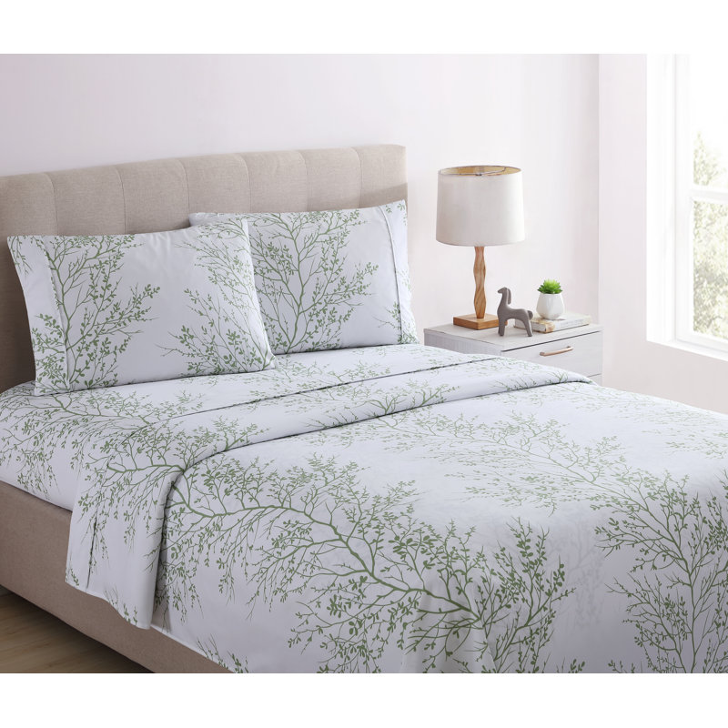 Microfiber Floral Sheet Set, Full Sheet Set + 1 Fitted Sheet + 2 Pillowcases, White/Sage