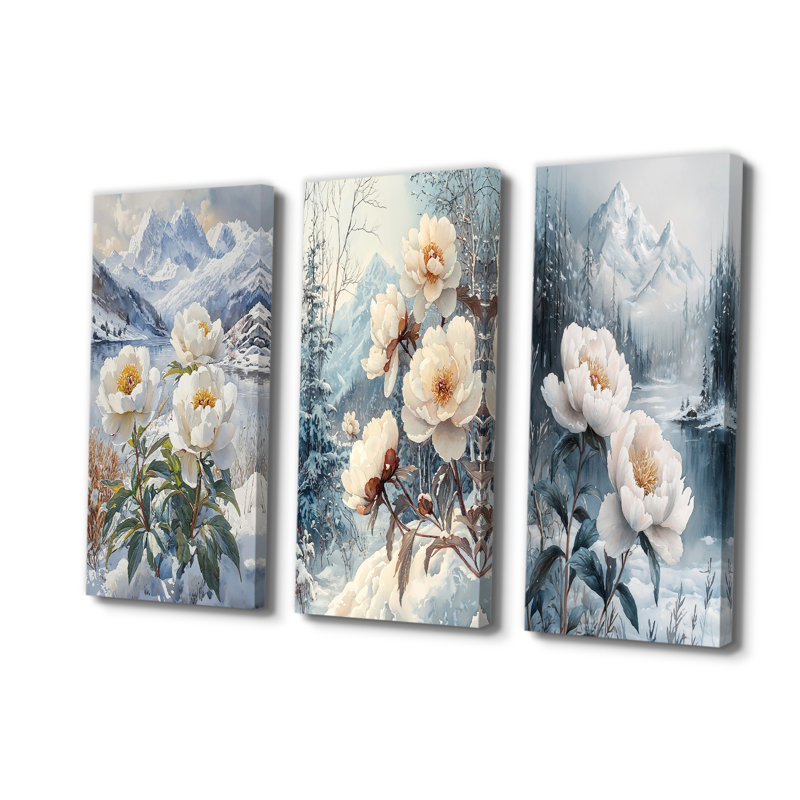 Pivoine enneigée dans la forêt I - Collection d'art mural grand pivoines, H 28 po x l 36 po, Toile tendue, Ne s’applique pas