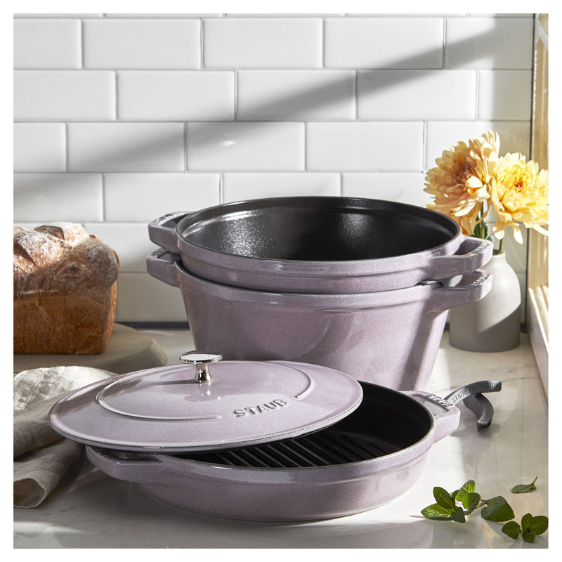 Staub Cast Iron Set 4 Piece, Stackable Space-Saving Cookware Set, Dutch Oven with Universal Lid, Made in France, Lilac