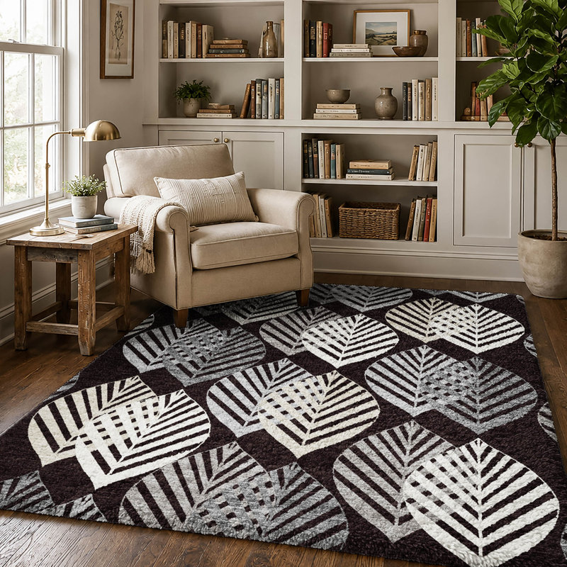 Shag Washable Floral Indoor Rug, Black, 5 pi x 7 pi 6 po