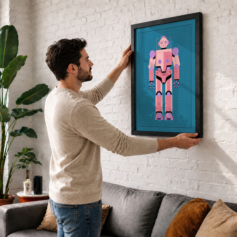 Friendly Pink Robot Modern - Print, Walnut, A4 - 29.7 x 21.0 cm