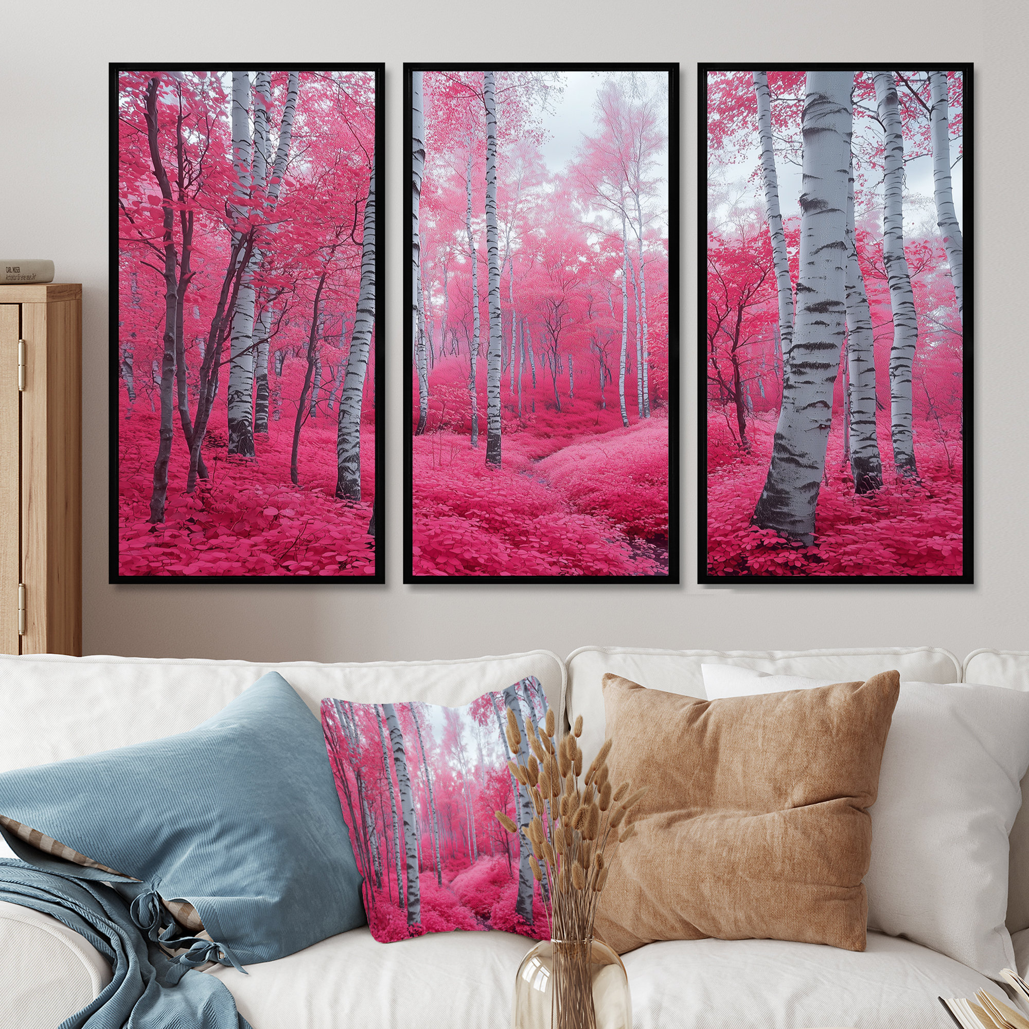 Millwood Pines Pink Birch Trees Forest Path Panorama II - Forest Wall ...
