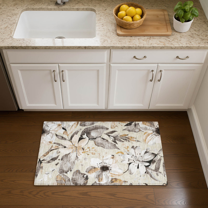 Premium Machine Washable Mayfield AMF2260 Floral Rug, 1'8" x 2'6", Beige