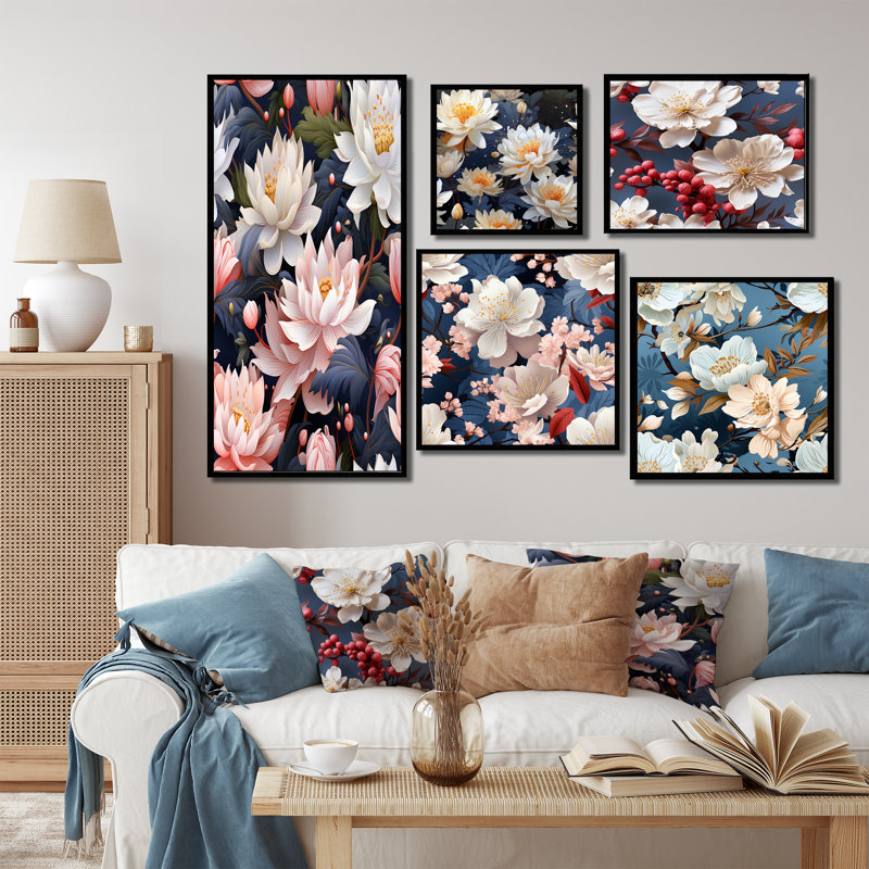Eloane - Ensemble de 5 décorations murales florales, Cadre flottant noir