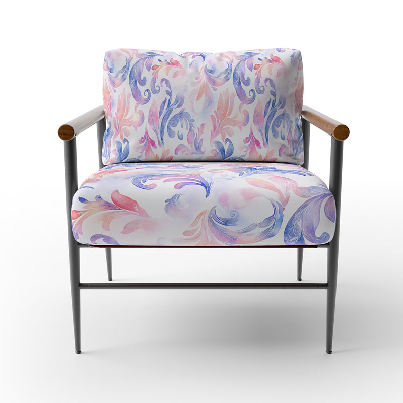 Chaise d'appoint French Country - Fauteuil mauve à motif cachemire Petal Curl, Bras ronds bruns