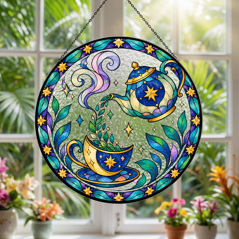 Théière bleue et dorée versant des feuilles sur toile en verre coloré, H 7,8 po