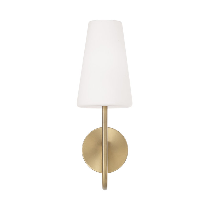 5.75" W x 17.25" H 1-Light Armed Sconce with Tapered Soft White Glass, Aged Brass