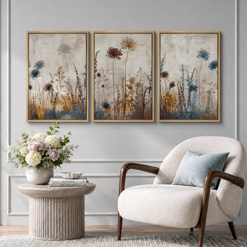 Vibrant Wildflower "Rustic Wildflowers Floral Artwork, Neutral Botanical Living Room Wall Pictures, 3 Pieces Canvas Giclee Print Wall Art" 16"x24"x3 pcs, 24"x36"x3 pcs