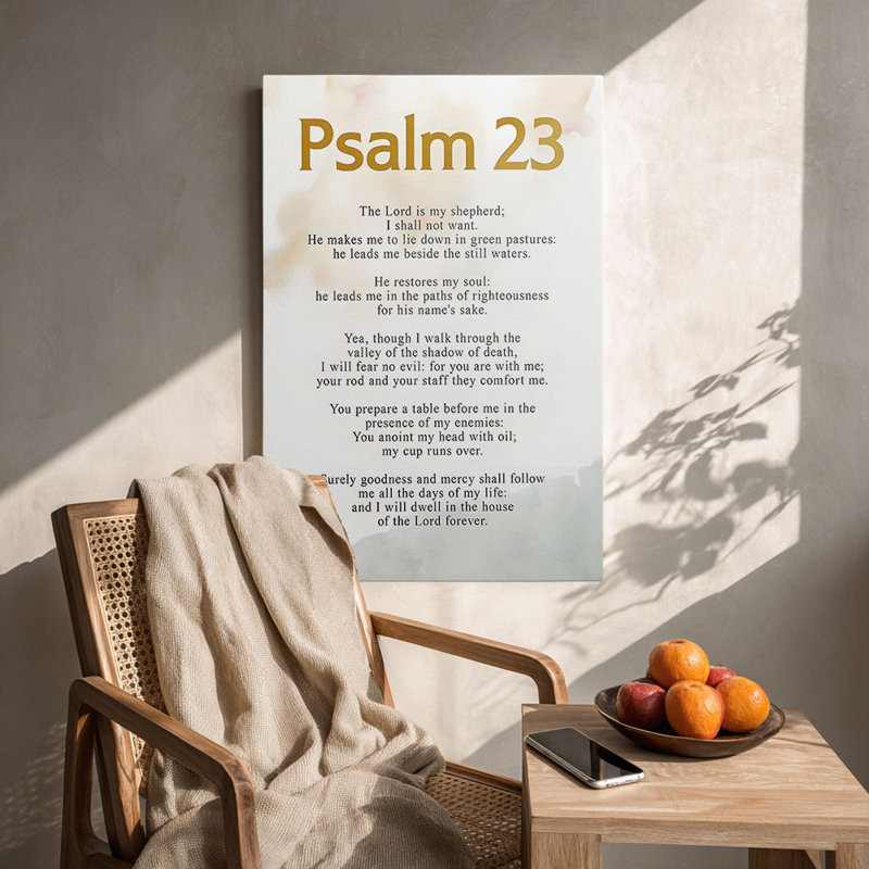 Spirituel «Psaume 23, texte sur fond d'aquarelle douce (ton calme)», art mural tendu sur toile Psaume 23 pour studio confortable