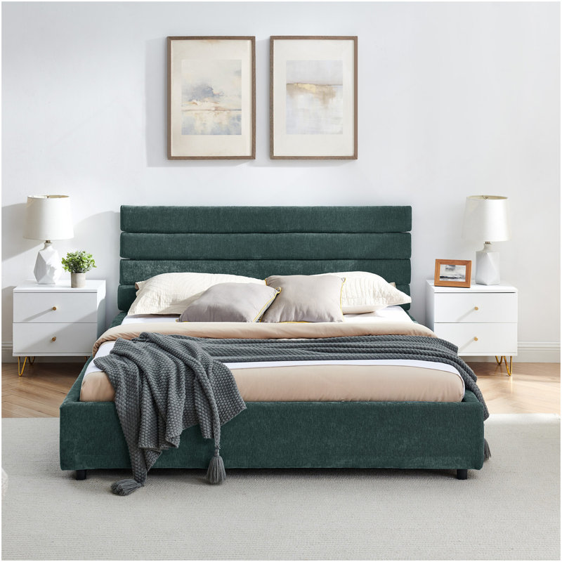 Queen Size Cushioned Bed, Comfortable Cushioned Bed Frame, Headboard And Solid Bed Frame - Green+Blue