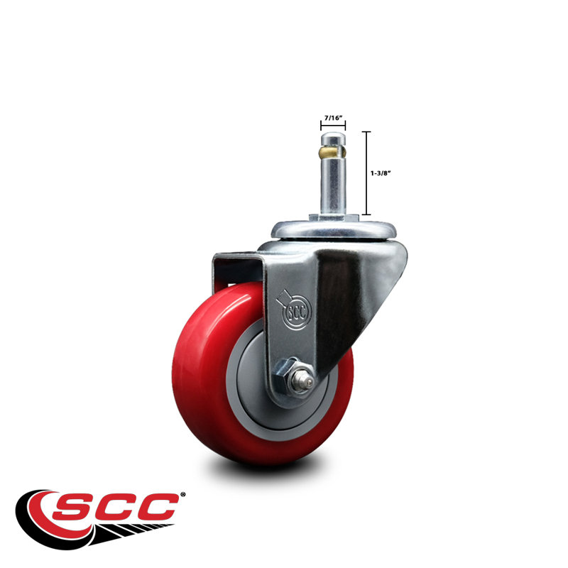 3 Inch Polyurethane Wheel Swivel 7/16 Inch Grip Ring Stem Caster SCC, Rouge