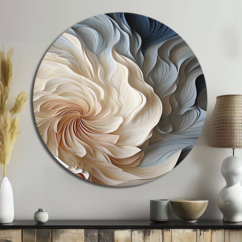 Edmond - spirale de plumes blanches et bleues - impression géométrique ronde sur métal, impression d'art mural rond
