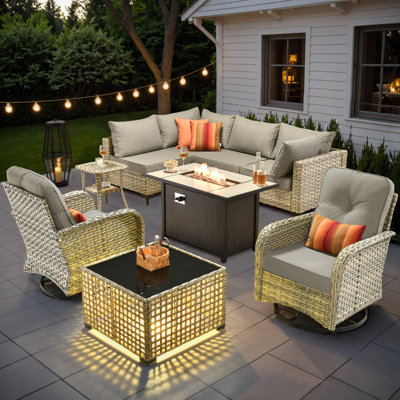 Emroy 6 - Person Outdoor Wicker Sectional Seating Group with Lighted Coffee Table and Swivel Chairs, All Weather Modular Rattan Conversation Set with Cushions