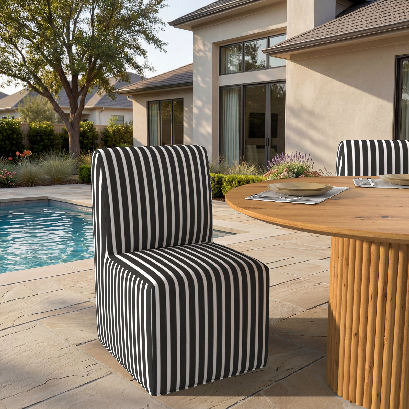 Eliana Sunbrella® Patio Side Chair, Shore Classic Black Stripe Sunbrella®