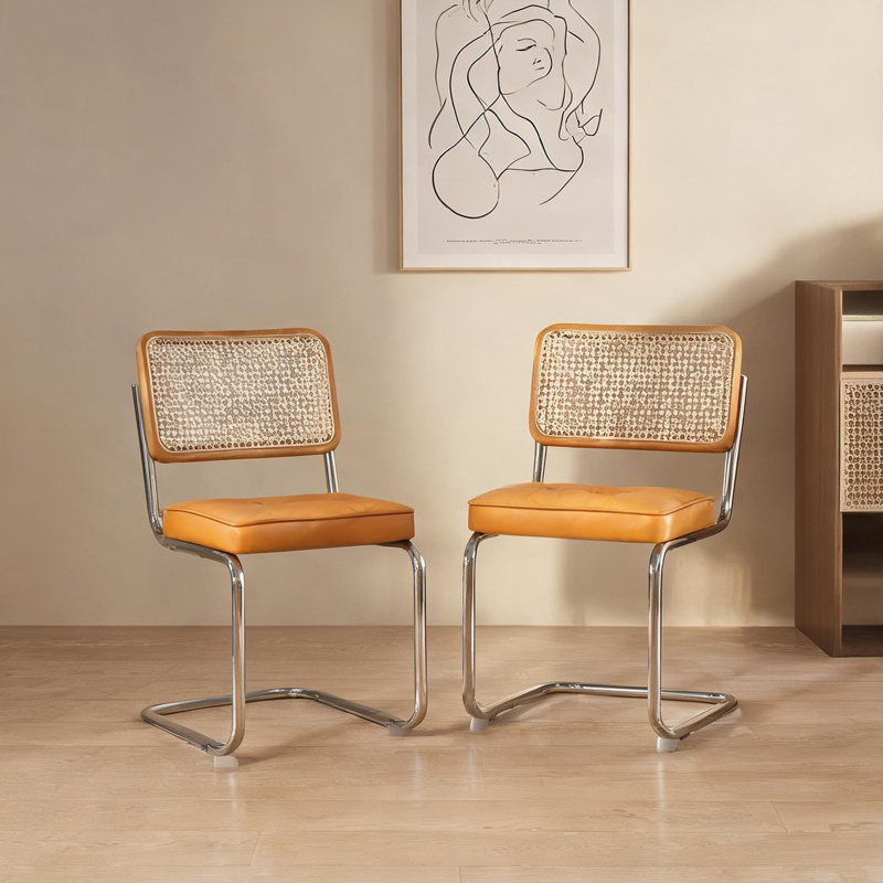 Ensemble de 2 chaises d'appoint en velours orange riche avec base en porte-à-faux chromée et dossier en rotin, chaises de salle à manger de style Mid-Century moderne