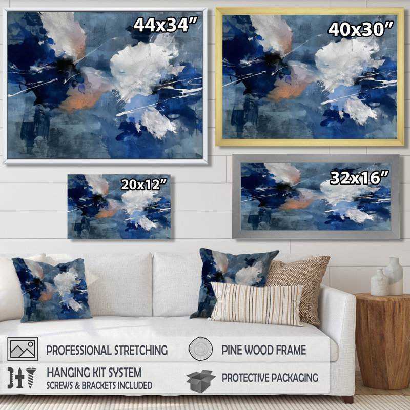 «Blue Sturdy Guardians Accents With White», reproduction d'art sur toile encadrée abstraite bleue, H 12 po x l 20 po, Noir