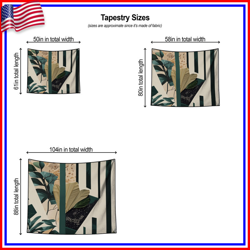Tapisserie murale abstraite "Collage de feuilles" - décoration murale feuillage, H 68 po x l 80 po avec 4 œillets