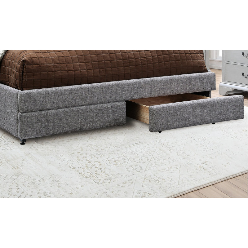 Lit tapissier en tissu gris pour chambre à coucher, esthétique contemporaine, lit double, deux tiroirs de rangement, lit en bois d'hévéa, conception, rangement inférieur, structure en peuplier