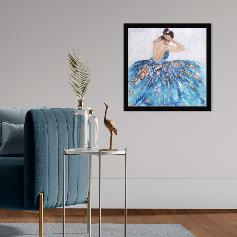 Bleu et festif - Peinture sur papier, Papier avec cadre noir, H 20 po x l 20 po