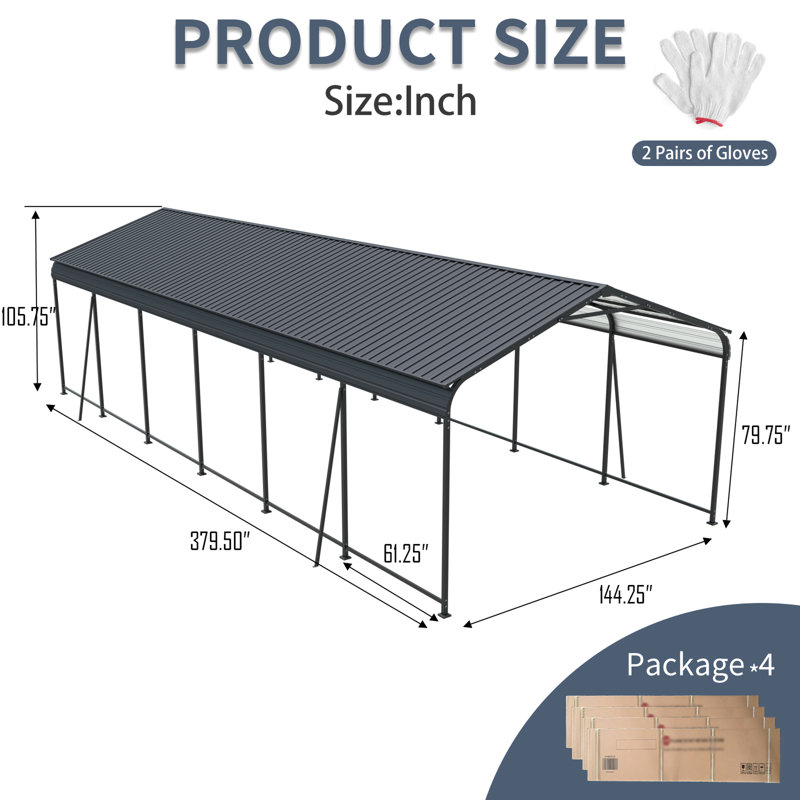 12 X 32 Ft Carport With Galvanized Steel Construction, 4 Fixed Inclined Square Tube Supports, Ideal For Cars, Trucks, Boats And , Spacious Outdoor Storage, Bbq Shelter, Gathering Spot, High-Strength,