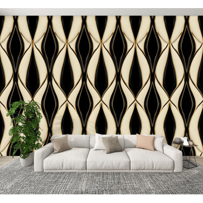 Peel and Stick Wallpaper Abstract Black White Wavy Golden Accents Wall Murals 100"H x 144"W Removable PVC Wall Paper Self-Adhesive Wall Decor for Bedroom Living Room Home Office