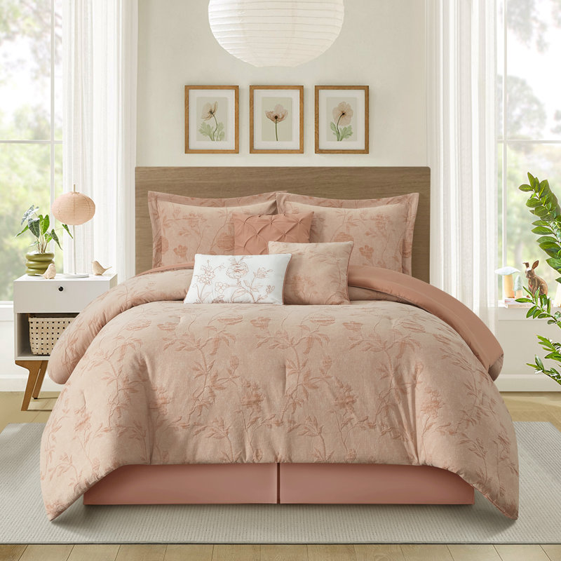Ensemble d'édredon floral 7 pièces Kensley Blush, Édredon très grand californien avec deux taies d