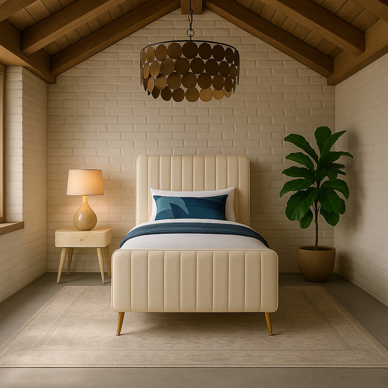 Tufted Upholstered Low Profile Platform Bed, Cream Velvet, Twin