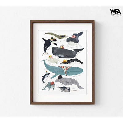 Whales In Hats By Hanna Melin, Humpback Whale Illustration Print, Black And White Orca Poster, Blue Whale Ocean Decor Idea