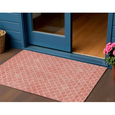 3' X 5' Salmon Geometric Washable Indoor Outdoor Area Rug