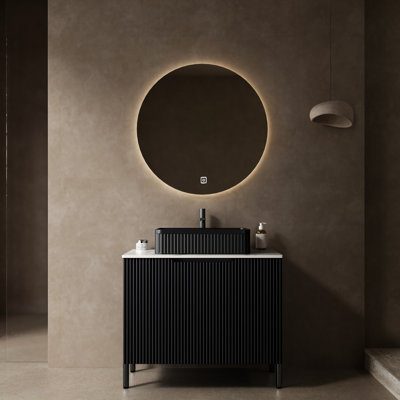 Meuble-lavabo de 30 po avec lavabo en céramique noire, comptoir en pierre frittée blanche, armoire autoportante, style moderne, portes à rayures romantiques à fermeture douce, fermeture, construction