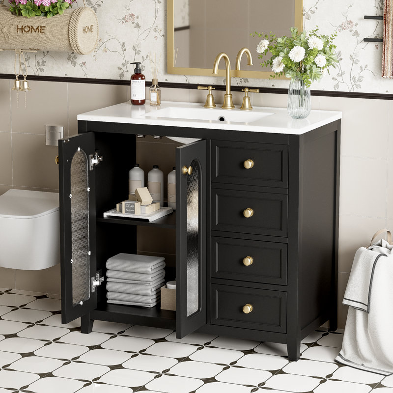 Meuble-lavabo de salle de bain avec deux portes à fermeture douce, Noir, noir, noir, noir