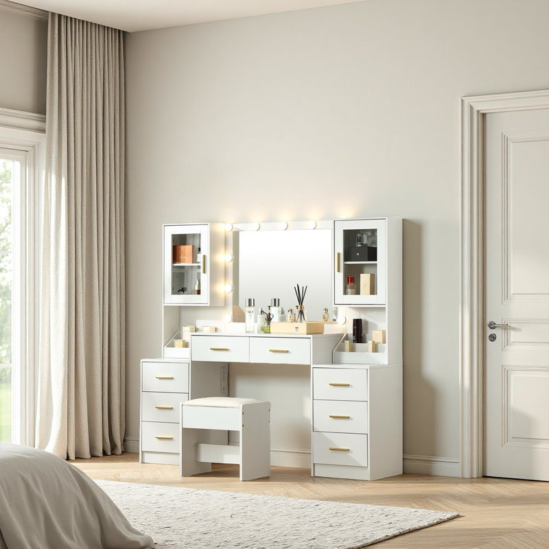 58.3 Extra Large Vanity Desk With Folding Up Mirror,makeup vanity table with mirror and lights,outlet and stool,dressing table with two makeup organizers,for bedroom